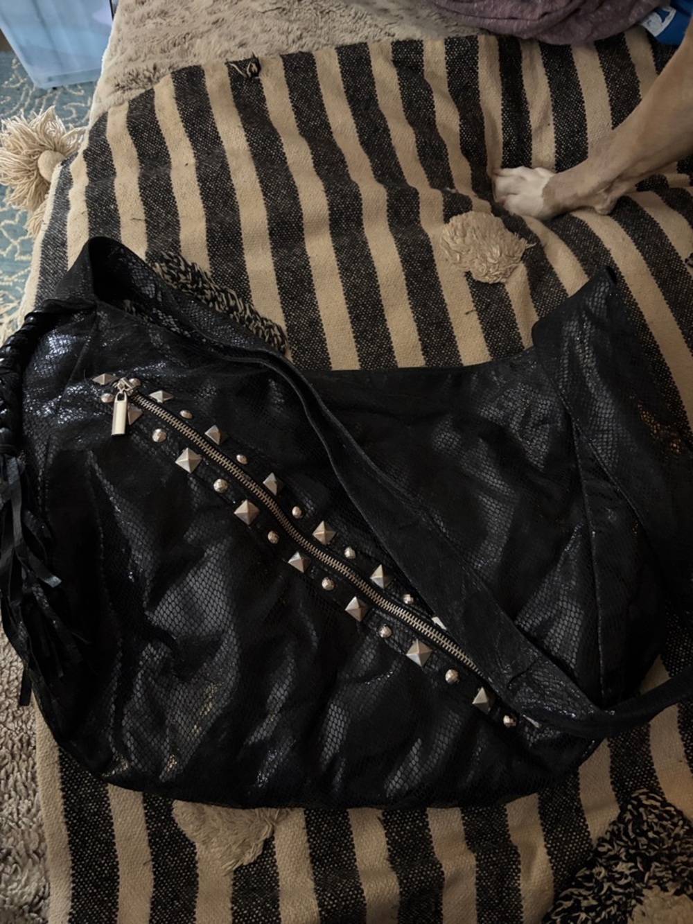 Ember Skye Black Studded Fringe Faux  Snakeskin Boho Bag. RARE